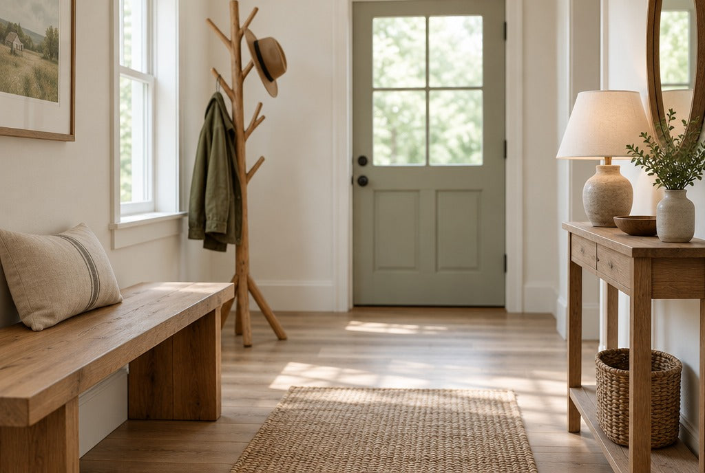 A bright entry hall with a solid wood bench, a tree-style coat rack holding a jacket and hat, and a narrow wooden console with a lamp