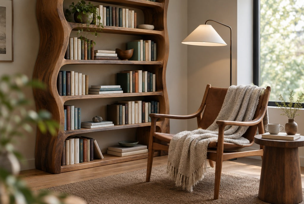 A cozy reading nook with a sculpted solid wood bookshelf full of books, a wooden accent chair with a throw, a small side table and a floor lamp