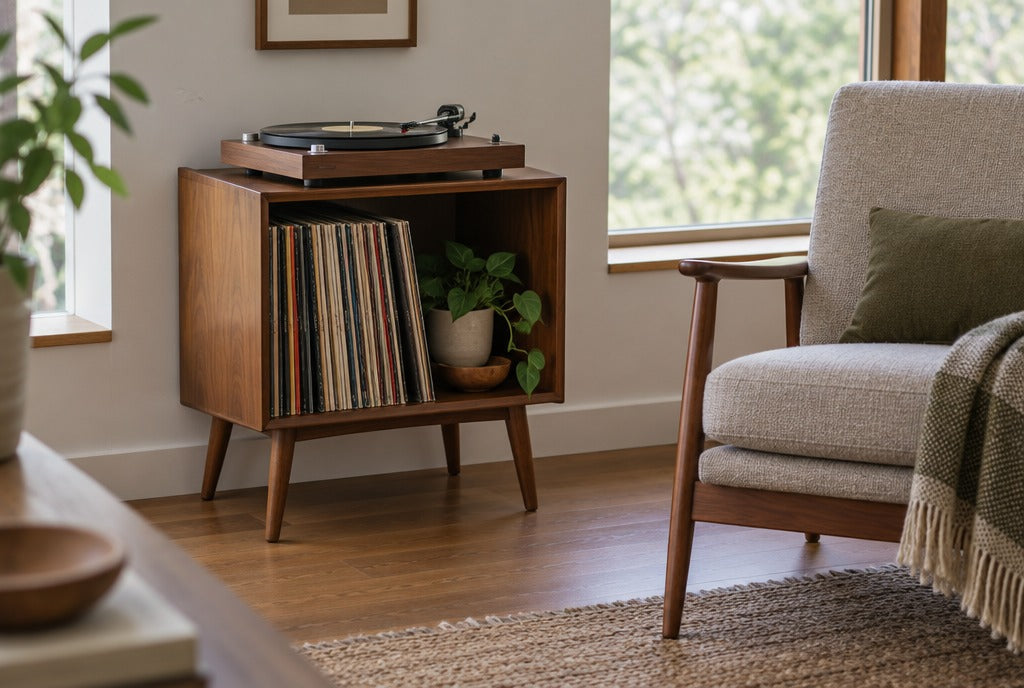 A mid-century-style solid wood record player stand with a turntable on top and vinyl records stored below beside a reading chair