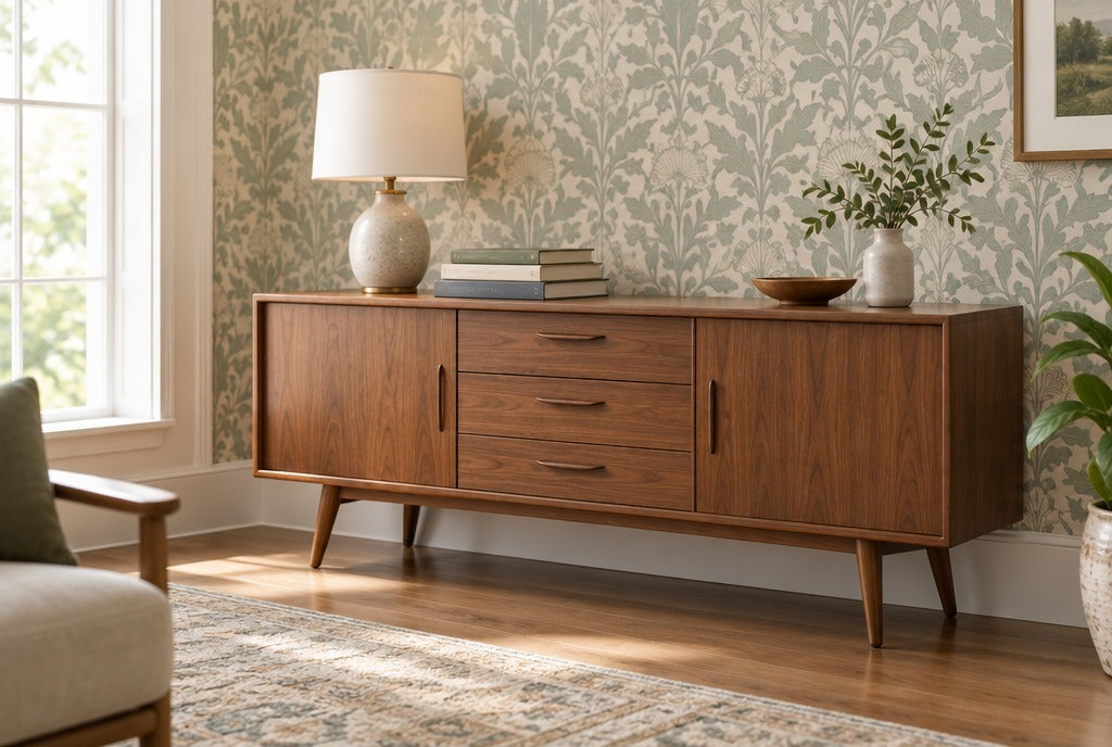 A newly built mid-century-style solid wood console with a lamp and books in a bright parlor with patterned wallpaper