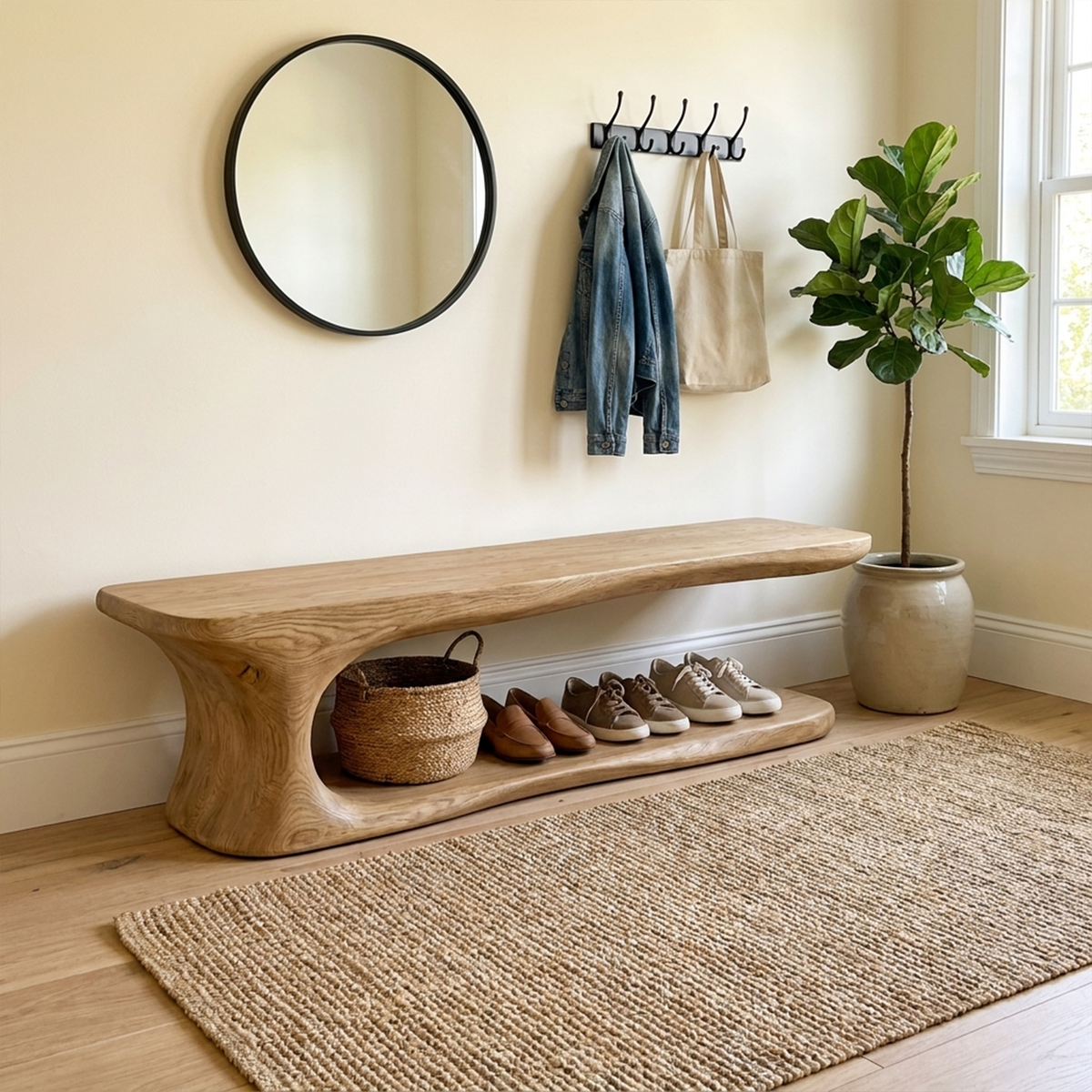 Rustic Natural Edge Wooden Shoe Bench Entry Hall