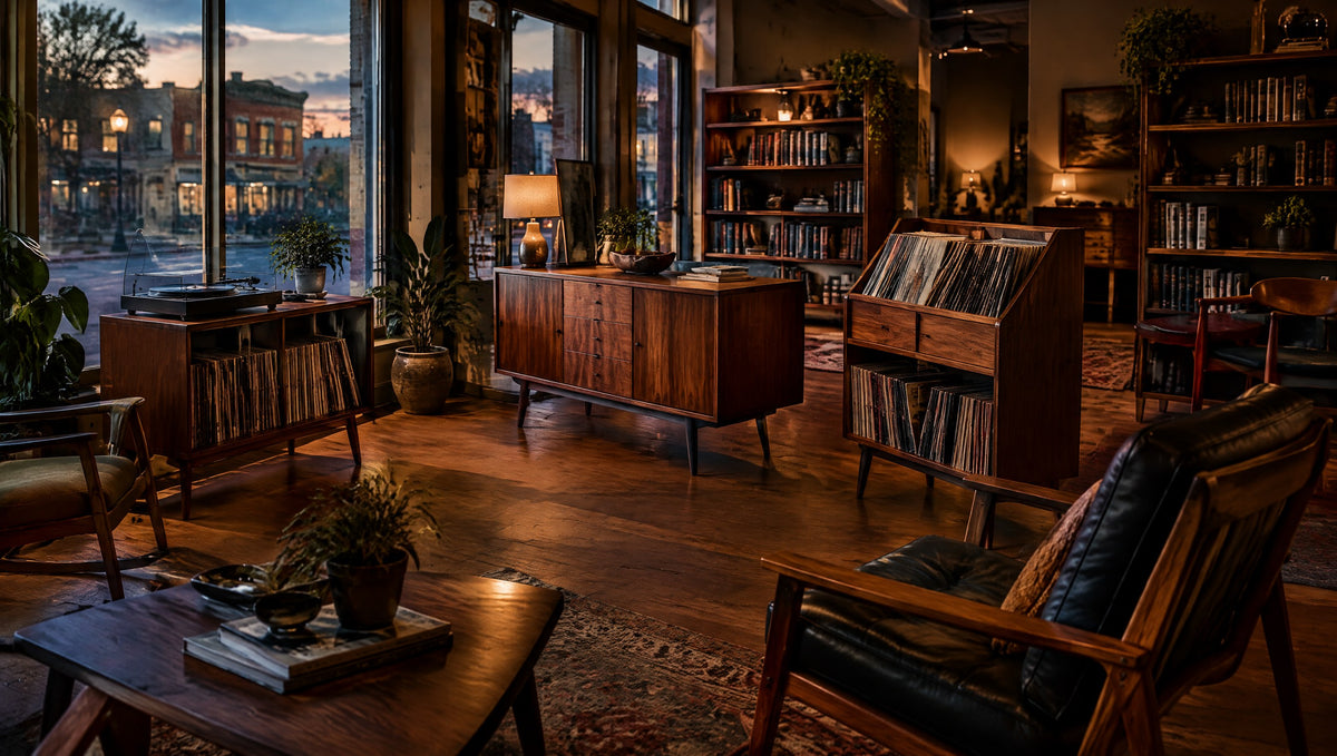 A bright small-town showroom displaying newly built vintage-inspired solid wood record stands, consoles and chairs