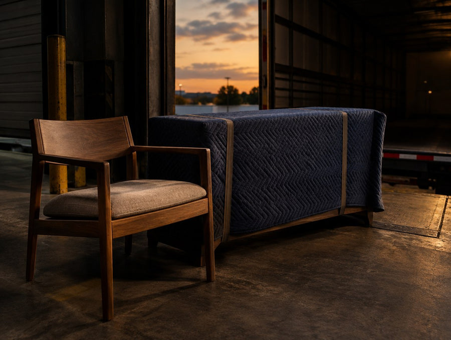 A newly built accent chair and console wrapped in moving blankets on a loading dock