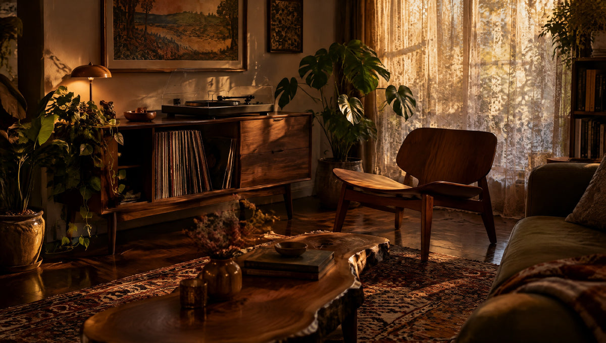 An eclectic living room with a newly built walnut record player stand, a sculpted wood accent chair and a live-edge coffee table