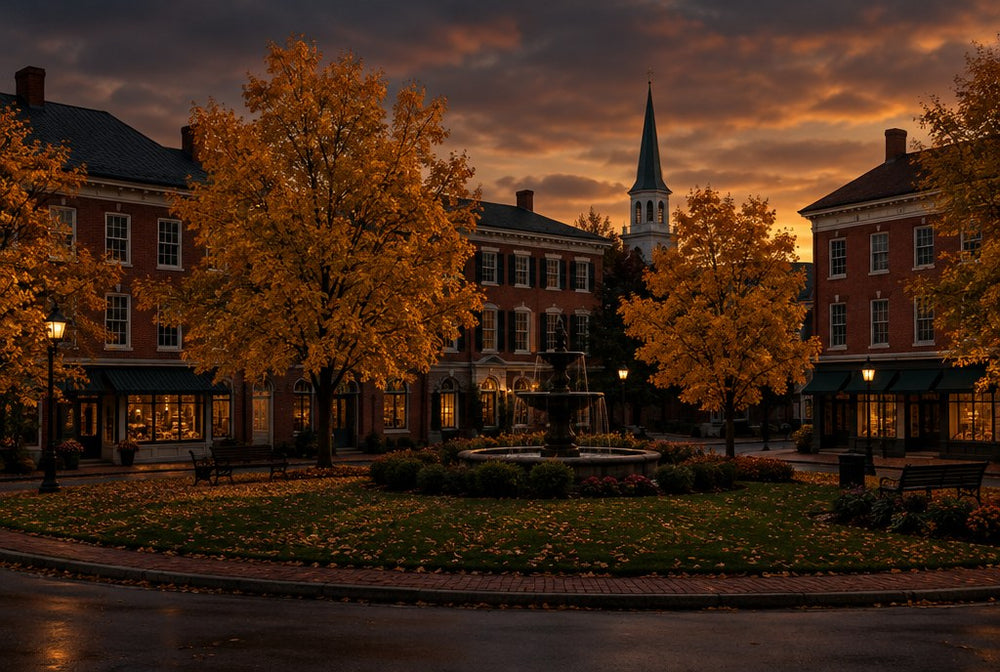A Pennsylvania small-town square in autumn with brick storefronts and a round central green